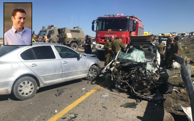 Scene of a fatal road crash on Route 60 in the West Bank, in which Yishai Rivlin, upper-left, was killed January 30, 2019. (Magen David Adom; courtesy of the family) Scene of a fatal road crash on Route 60 in the West Bank, in which Yishai Rivlin, upper-left, was killed January 30, 2019. (Magen David Adom; courtesy of the family)