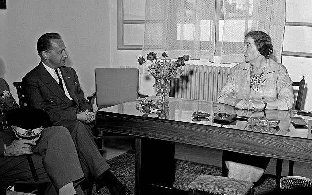 UN Secretary-General Dag Hammarskjöld (left) at a meeting with Israel's foreign minister Golda Meir, December 31, 1958. (UN Photo) UN Secretary-General Dag Hammarskjöld (left) at a meeting with Israel's foreign minister Golda Meir, December 31, 1958. (UN Photo)