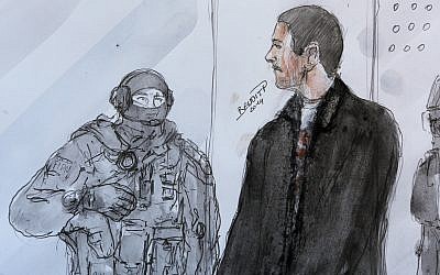 An artists sketch depicts Mehdi Nemmouche, right, as he stands next to a police agent during his court appearance at Versailles Court of Appeal, June 12, 2014. (AP Photo/Benoit P., File)