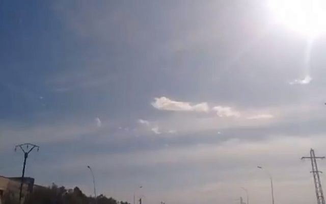 Trails left by Syrian anti-aicraft missiles, which the country says were triggered by an Israeli attack, on January 20, 2019. (Screen capture: Twitter) Trails left by Syrian anti-aicraft missiles, which the country says were triggered by an Israeli attack, on January 20, 2019. (Screen capture: Twitter)