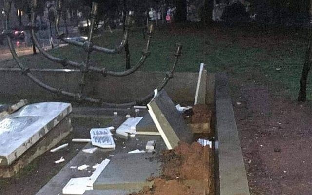 The vandalized Jewish cemetery monument in Thessaloniki. (Twitter)