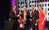 (L-R) Deputy mayor of Lisbon, Duare Cordeiro, Tel Aviv Mayor Ron Huldai, reality TV host Assi Azar and Kan presenter Lucy Ayoub during the Host City Insignia Handover ceremony kicking off Eurovision events in Tel Aviv, January 28, 2019. (Photo Credit: Raphi Daloya)