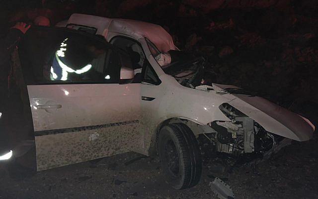 A damaged car that was in a three-vehicle collision near the southern West Bank settlement of Beit Hagai is seen on January 1, 2019. (Israel Police) A damaged car that was in a three-vehicle collision near the southern West Bank settlement of Beit Hagai is seen on January 1, 2019. (Israel Police)