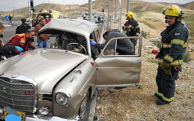 The scene of a car crash in the West Bank involving a classic 1960 Mercedes Benz in January 2019 (Courtesy of Judea and Samaria firefighting and rescue forces) The scene of a car crash in the West Bank involving a classic 1960 Mercedes Benz in January 2019 (Courtesy of Judea and Samaria firefighting and rescue forces)