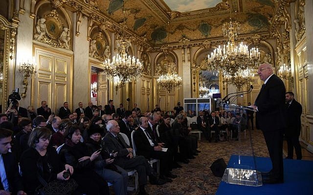 President Reuven Rivlin speaks at the opening of a museum exhibition dedicated to diplomats who saved Jews during the Holocaust in Paris, France, January 24, 2019. (Haim Zach/GPO) President Reuven Rivlin speaks at the opening of a museum exhibition dedicated to diplomats who saved Jews during the Holocaust in Paris, France, January 24, 2019. (Haim Zach/GPO)