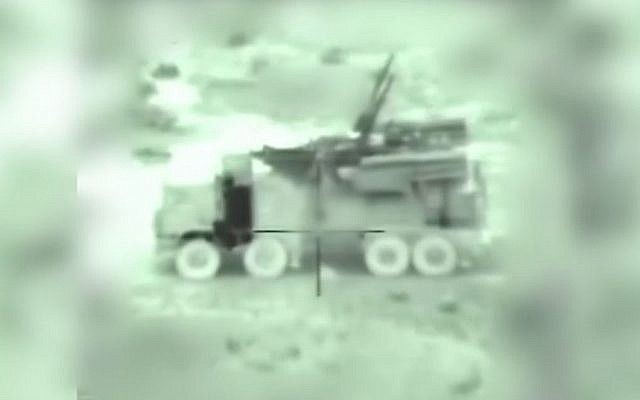 A Syrian mobile anti-aircraft battery vehicle as seen through the targeting camera of an incoming Israeli missile, in footage released by the IDF of its early morning strikes in Syria on January 21, 2019. (IDF) A Syrian mobile anti-aircraft battery vehicle as seen through the targeting camera of an incoming Israeli missile, in footage released by the IDF of its early morning strikes in Syria on January 21, 2019. (IDF)