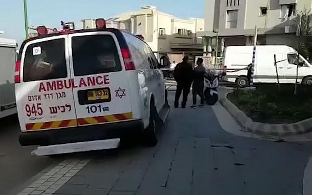 First responders at the scene of a suspected car bombing in Ashkelon, January 21, 2019. (YouTube screenshot) First responders at the scene of a suspected car bombing in Ashkelon, January 21, 2019. (YouTube screenshot)