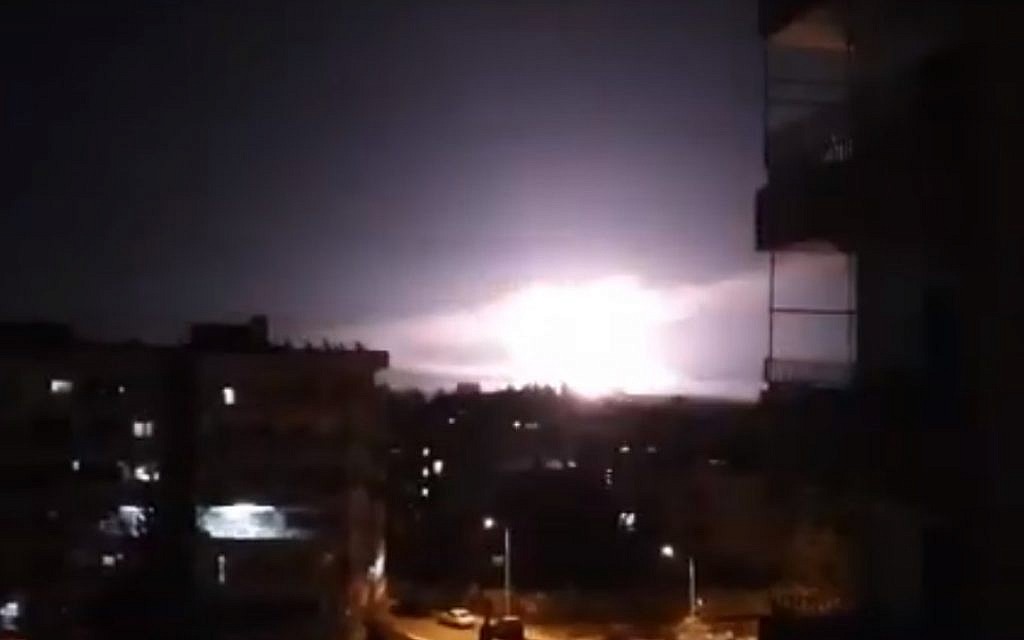 Illustrative: An explosion, reportedly during Israeli airstrikes near Damascus, Syria, on January 21, 2019. (screen capture: YouTube) Illustrative: An explosion, reportedly during Israeli airstrikes near Damascus, Syria, on January 21, 2019. (screen capture: YouTube)