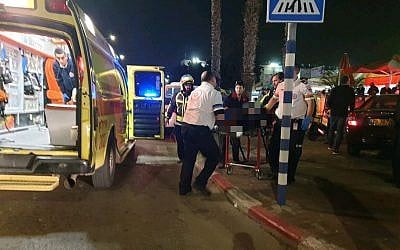 Archive photo: Stabbing victim in the city of Lod is evacuated by a Magen David Adom ambulance, January 24, 2019. (MDA)