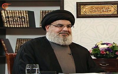 Hezbollah terror group leader Hassan Nasrallah is interviewed on the al-Mayadeen Lebanese television channel, January 26, 2019 (Screen capture)