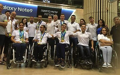 The Israeli national Paralympic team on its return from the 2018 European championships. (Israel Paralympic Association photo, Facebook)