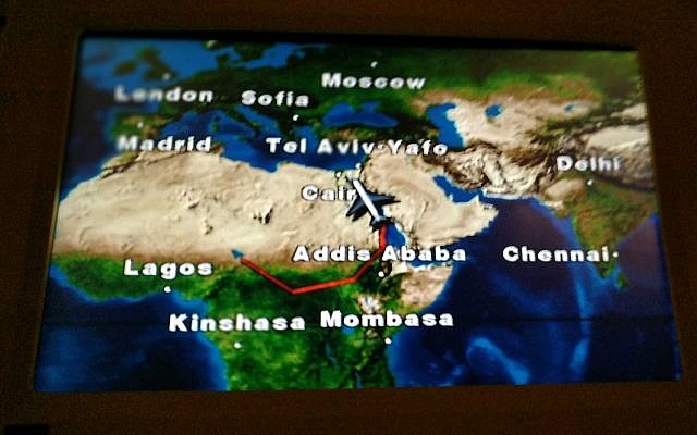 The flight path of Benjamin Netanyahu's plane over South Sudan en route from Chad to Israel, as seen on a screen inside Netanyahu's plane, January 20, 2019. (Rraphael Ahren) The flight path of Benjamin Netanyahu's plane over South Sudan en route from Chad to Israel, as seen on a screen inside Netanyahu's plane, January 20, 2019. (Rraphael Ahren)
