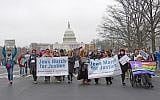 Supporters of the National Council of Jewish Women and other Jewish organizations come together on the National Mall for the Women's March in Washington, DC, January 21, 2017. (Ron Sachs via JTA)