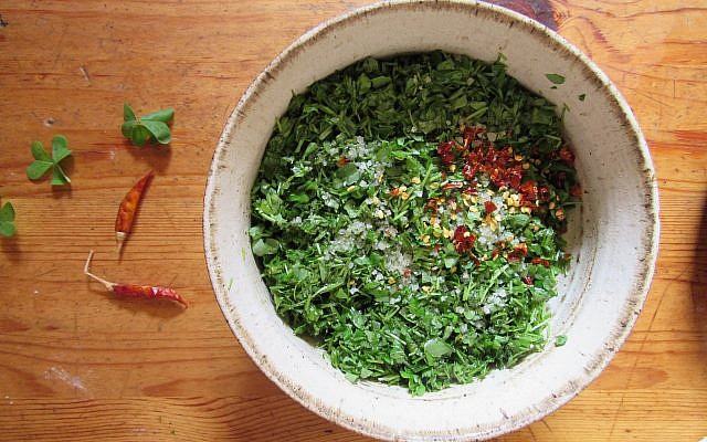 Wild sorrel chimichurri salad, from Ilana Stein and Davidi Maller's Ein Kerem kitchen (Courtesy Ilana Stein) Wild sorrel chimichurri salad, from Ilana Stein and Davidi Maller's Ein Kerem kitchen (Courtesy Ilana Stein)