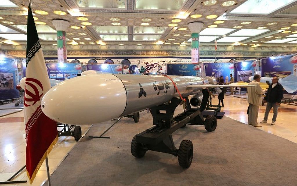 Hoveizeh, Iran's new cruise missile, is seen during an exhibition in the capital Tehran on February 2, 2019. (Atta Kenare/AFP) Hoveizeh, Iran's new cruise missile, is seen during an exhibition in the capital Tehran on February 2, 2019. (Atta Kenare/AFP)