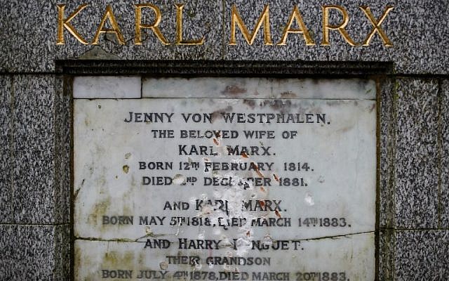 The marble plaque showing damage from recent vandalism on the front of the tomb of German revolutionary philosopher Karl Marx, a Grade I-listed monument, is seen in Highgate Cemetery in north London on February 5, 2019. (Tolga Akmen/AFP) The marble plaque showing damage from recent vandalism on the front of the tomb of German revolutionary philosopher Karl Marx, a Grade I-listed monument, is seen in Highgate Cemetery in north London on February 5, 2019. (Tolga Akmen/AFP)