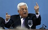 Palestinian Authority President Mahmoud Abbas speaks at the Palestinian Peace and Freedom Forum in the West Bank city of Ramallah on February 6, 2019. (Abbas Momani/AFP)