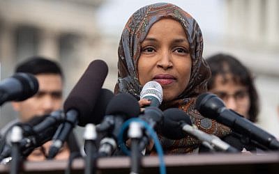 Democratic Representative Ilhan Omar of Minnesota speaks at a press conference calling on Congress to cut funding for US Immigration and Customs Enforcement and to defund border detention facilities, outside the US Capitol in Washington, on February 7, 2019. (Saul Loeb/AFP) Democratic Representative Ilhan Omar of Minnesota speaks at a press conference calling on Congress to cut funding for US Immigration and Customs Enforcement and to defund border detention facilities, outside the US Capitol in Washington, on February 7, 2019. (Saul Loeb/AFP)