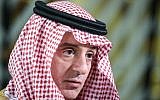 In this photo fromFebruary 4, 2019, Saudi Arabia Foreign Minister Adel al-Jubeir speaks with reporters during an European Union-Leagues Arab States ministerial meeting in Brussels. (John Thys/AFP)