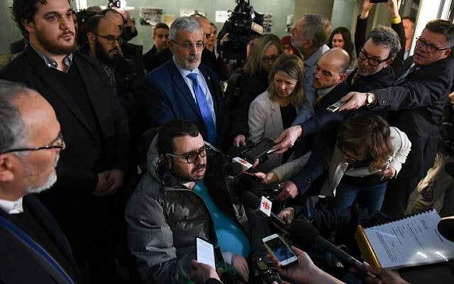 Aymen Derbali, a victim in the Quebec mosque attack, talks to the press in the Quebec City Courthouse following the sentencing of perpetrator Alexandre Bissonnette, on February 8, 2019. (Alice Chiche / AFP) Aymen Derbali, a victim in the Quebec mosque attack, talks to the press in the Quebec City Courthouse following the sentencing of perpetrator Alexandre Bissonnette, on February 8, 2019. (Alice Chiche / AFP)