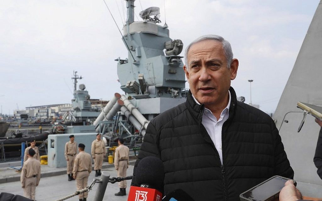 Illustrative: Prime Minister Benjamin Netanyahu speaks to journalists during a visit to inspect a naval Iron Dome defense system in the northern port of Haifa on February 12, 2019. (Jack Guez/Pool/AFP) Illustrative: Prime Minister Benjamin Netanyahu speaks to journalists during a visit to inspect a naval Iron Dome defense system in the northern port of Haifa on February 12, 2019. (Jack Guez/Pool/AFP)
