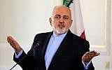 Iran's Foreign Minister Mohammad Javad Zarif gestures during a press conference in Tehran on February 13, 2019 (Atta Kenare/AFP)