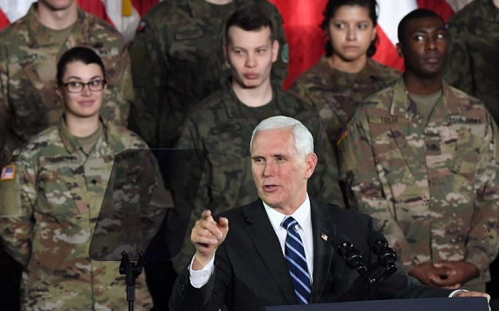 US Vice President Mike Pence delivers a speech at the 1st Airlift Base in Warsaw, on February 13, 2019 during a three-day visit of the US Vice President to Poland. (Janek SKARZYNSKI / AFP)
