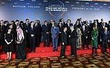 Participants are seen during preparations for a family photo at the conference on Peace and Security in the Middle East in Warsaw, on February 13, 2019. Israel's Prime Minister Benjamin Netanyahu is at center (Janek SKARZYNSKI / AFP)