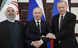 Russian President Vladimir Putin (C), Turkish President Recep Tayyip Erdogan (R) and Iranian President Hassan Rouhani pose prior to a trilateral meeting on Syria in the Black Sea resort of Sochi on February 14, 2019. (Sergei Chirikov/Pool/AFP)
