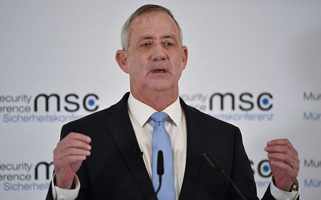 Israel Resilience party chairman Benny Gantz speaks at the 55th Munich Security Conference in southern Germany, February 17, 2019. (Thomas Kienzle/AFP) Israel Resilience party chairman Benny Gantz speaks at the 55th Munich Security Conference in southern Germany, February 17, 2019. (Thomas Kienzle/AFP)