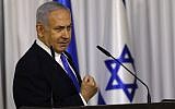 Prime Minister Benjamin Netanyahu gives a televised statement after a meeting of his ruling Likud party in Ramat Gan on February 21, 2019. (Menahem Kahana/AFP)