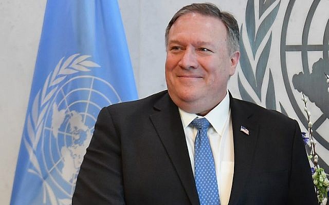 US Secretary of State Mike Pompeo meets with UN Secretary-General Antonio Guterres (out of frame) at the United Nations headquarters in New York, on February 21, 2019. (Angela Weiss/AFP) US Secretary of State Mike Pompeo meets with UN Secretary-General Antonio Guterres (out of frame) at the United Nations headquarters in New York, on February 21, 2019. (Angela Weiss/AFP)