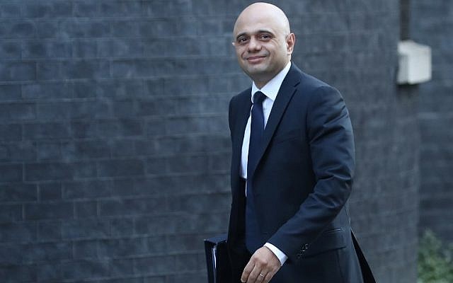 Then British Home Secretary Sajid Javid arrives for the weekly cabinet meeting at 10 Downing Street in London on February 26, 2019. (Daniel Leal-Olivas/AFP) Then British Home Secretary Sajid Javid arrives for the weekly cabinet meeting at 10 Downing Street in London on February 26, 2019. (Daniel Leal-Olivas/AFP)