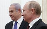 Russian President Vladimir Putin (R) meets with Prime Minister Benjamin Netanyahu at the Kremlin, in Moscow, on February 27, 2019. (Maxim Shemetov/Pool/AFP)