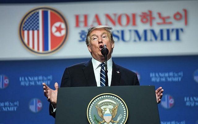 US President Donald Trump speaks during a press conference following the second US-North Korea summit in Hanoi on February 28, 2019. (Saul LOEB/AFP) US President Donald Trump speaks during a press conference following the second US-North Korea summit in Hanoi on February 28, 2019. (Saul LOEB/AFP)