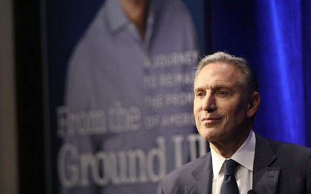 Howard Schultz speaks at a Barnes and Noble bookstore about his new book 'From the Ground Up' in New York City, Jan. 28, 2019. (Spencer Platt/Getty Images via JTA) Howard Schultz speaks at a Barnes and Noble bookstore about his new book 'From the Ground Up' in New York City, Jan. 28, 2019. (Spencer Platt/Getty Images via JTA)