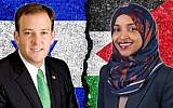 Lee Zeldin, left, and Ilhan Omar have been feuding on Twitter over Omar’s support of the boycott Israel movement. (Wikimedia Commons via JTA)
