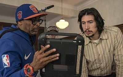 Spike Lee on the set of 'BlacKkKlansman' with Adam Driver, who plays Jewish detective Flip Zimmerman. (David Lee/Focus Features)