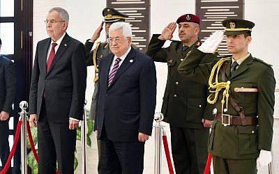 Palestinian Authority President Mahmoud Abbas and Austrian President Alexander Van der Bellen standing at the PA presidential headquarters in Ramallah on February 5, 2019. (Credit: Wafa)