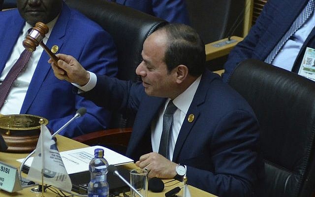 Egyptian President Abdel Fattah el-Sissi, the new chairman of the African Union, at the 32nd African Union Summit, in Addis Ababa, February 10, 2019. (Samuel Habtab/AP) Egyptian President Abdel Fattah el-Sissi, the new chairman of the African Union, at the 32nd African Union Summit, in Addis Ababa, February 10, 2019. (Samuel Habtab/AP)