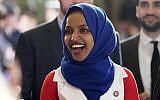 Rep. Ilhan Omar, a Minnesota Democrat, arrives for US President Donald Trump's State of the Union address to a joint session of Congress on Capitol Hill in Washington, February 5, 2019 (AP Photo/Carolyn Kaster)