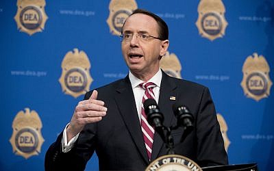 In this January 31, 2019, file photo, Deputy Attorney General Rod Rosenstein, speaks before welcoming Vice President Mike Pence to speak to Drug Enforcement Administration employees at their headquarters in Arlington, Virginia. (AP Photo/Andrew Harnik, File)