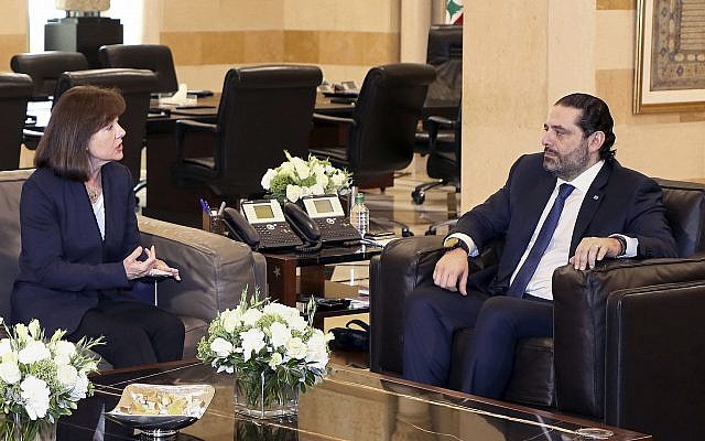 United States Ambassador to Lebanon Elizabeth Richard, left, speaks with Lebanese Prime Minister Saad Hariri, at the government House, in Beirut, Lebanon, on February 19, 2019. (Dalati Nohra via AP) United States Ambassador to Lebanon Elizabeth Richard, left, speaks with Lebanese Prime Minister Saad Hariri, at the government House, in Beirut, Lebanon, on February 19, 2019. (Dalati Nohra via AP)