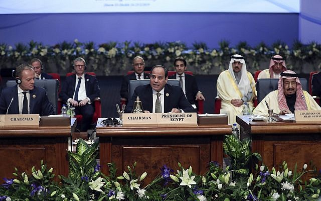Egypt's President Abdel-Fattah El-Sisi, center, chairs a meeting at an EU-Arab summit at the Sharm El Sheikh convention center in Sharm El Sheikh, Egypt, February 24, 2019. (AP Photo/Francisco Seco) Egypt's President Abdel-Fattah El-Sisi, center, chairs a meeting at an EU-Arab summit at the Sharm El Sheikh convention center in Sharm El Sheikh, Egypt, February 24, 2019. (AP Photo/Francisco Seco)