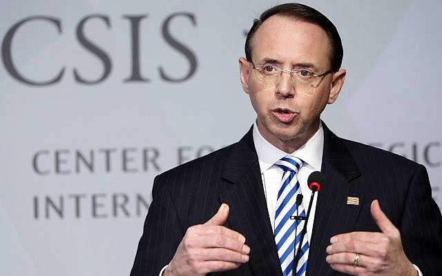 Deputy Attorney General Rod Rosenstein speaks at a Center for Strategic and International Studies event on the rule of law in Washington, February 25, 2019. (Jacquelyn Martin/AP) Deputy Attorney General Rod Rosenstein speaks at a Center for Strategic and International Studies event on the rule of law in Washington, February 25, 2019. (Jacquelyn Martin/AP)