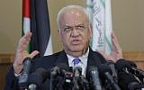 Saeb Erekat speaks during a press conference in the West Bank city of Ramallah, on September 11, 2018. (AP Photo/Nasser Shiyoukhi)