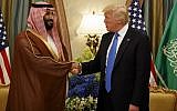 US President Donald Trump shakes hands with Saudi Crown Prince Mohammed bin Salman, in Riyadh, Saudi Arabia, on May 20, 2017. (AP/Evan Vucci)