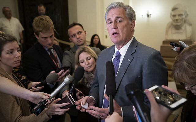 Illustrative: House Majority Leader Kevin McCarthy (Republican-California) speaks to reporters as he returns to the Capitol from a meeting with US President Donald Trump about border security and ending the partial government shutdown, in Washington, on January 2, 2019. (AP Photo/J. Scott Applewhite) Illustrative: House Majority Leader Kevin McCarthy (Republican-California) speaks to reporters as he returns to the Capitol from a meeting with US President Donald Trump about border security and ending the partial government shutdown, in Washington, on January 2, 2019. (AP Photo/J. Scott Applewhite)