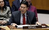 File: Israel's UN Ambassador Danny Danon addresses the United Nations Security Council, at UN headquarters, on January 22, 2019. (AP Photo/Richard Drew)