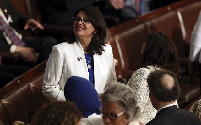 Rep. Rashida Tlaib, Democrat-Michigan, stands on the floor before US President Donald Trump delivers his State of the Union address on Capitol Hill in Washington, February 5, 2019. (Andrew Harnik/AP) Rep. Rashida Tlaib, Democrat-Michigan, stands on the floor before US President Donald Trump delivers his State of the Union address on Capitol Hill in Washington, February 5, 2019. (Andrew Harnik/AP)